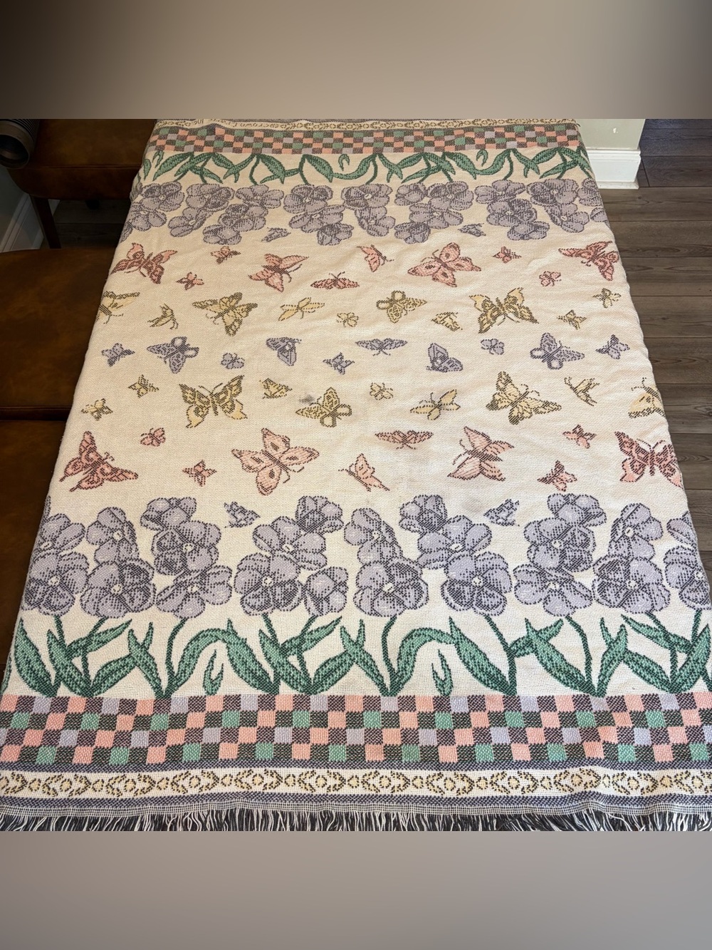 Vtg Crown Crafts Inc Woven Tapestry Blanket Botanical Butterfly Floral Fringe